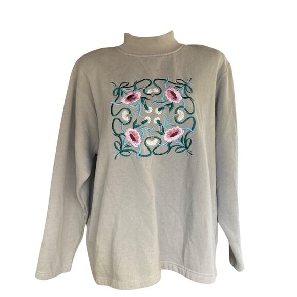 Vintage Green Moc Neck Floral Embroidered Granny Twee Oversize Sweatshirt Sz XLg - Picture 1 of 16